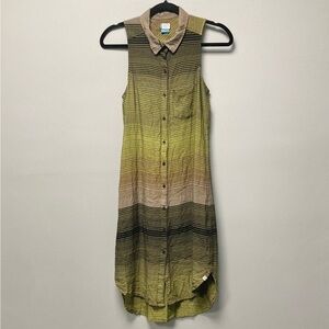 Kavu Brighton Sleeveless‎ Button Front Stripe Shirt Dress Green Tan Size Small